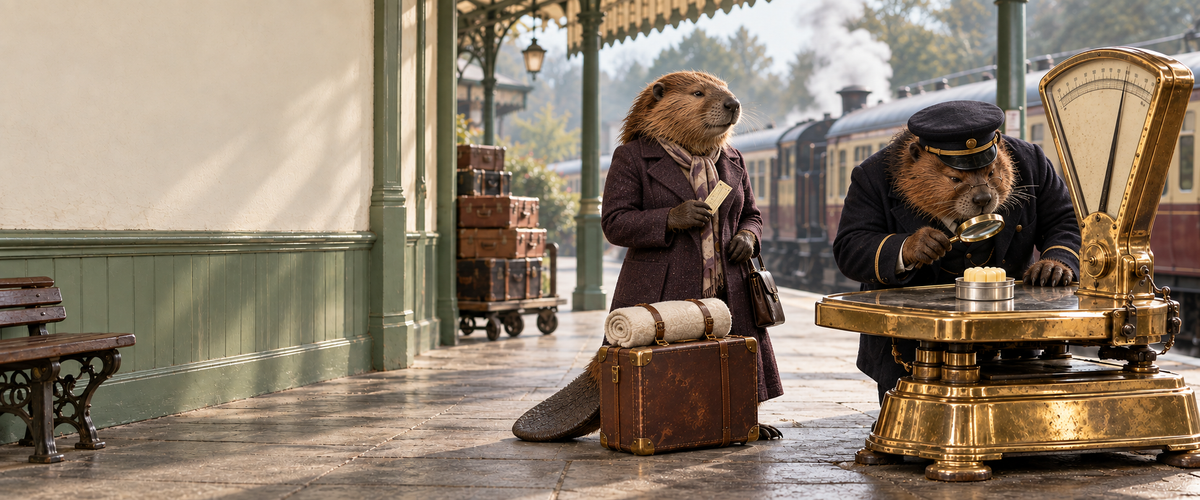 A beaver railway inspector examines a tiny body butter bar on enormous luggage scales through a magnifying glass, while a beaver traveller waits patiently with her suitcase.