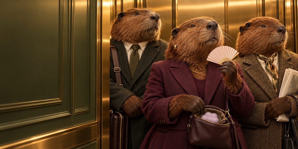In an elegant city lift, serious adult beavers commute to work while one passenger discreetly unfolds a tiny fan.