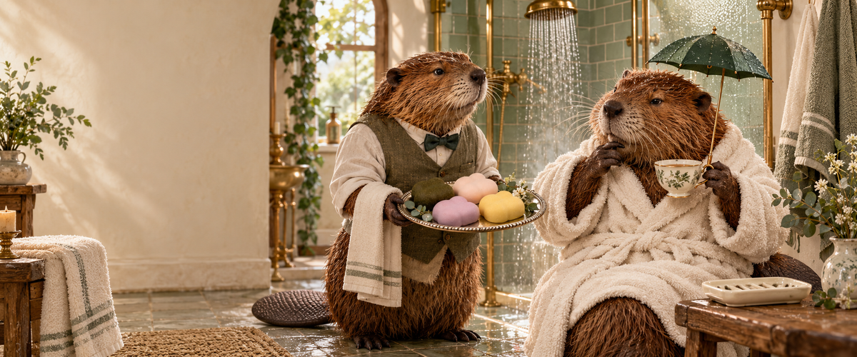 A beaver bath attendant presents four solid shower bars while a robed beaver shelters a cup of tea beneath an umbrella.