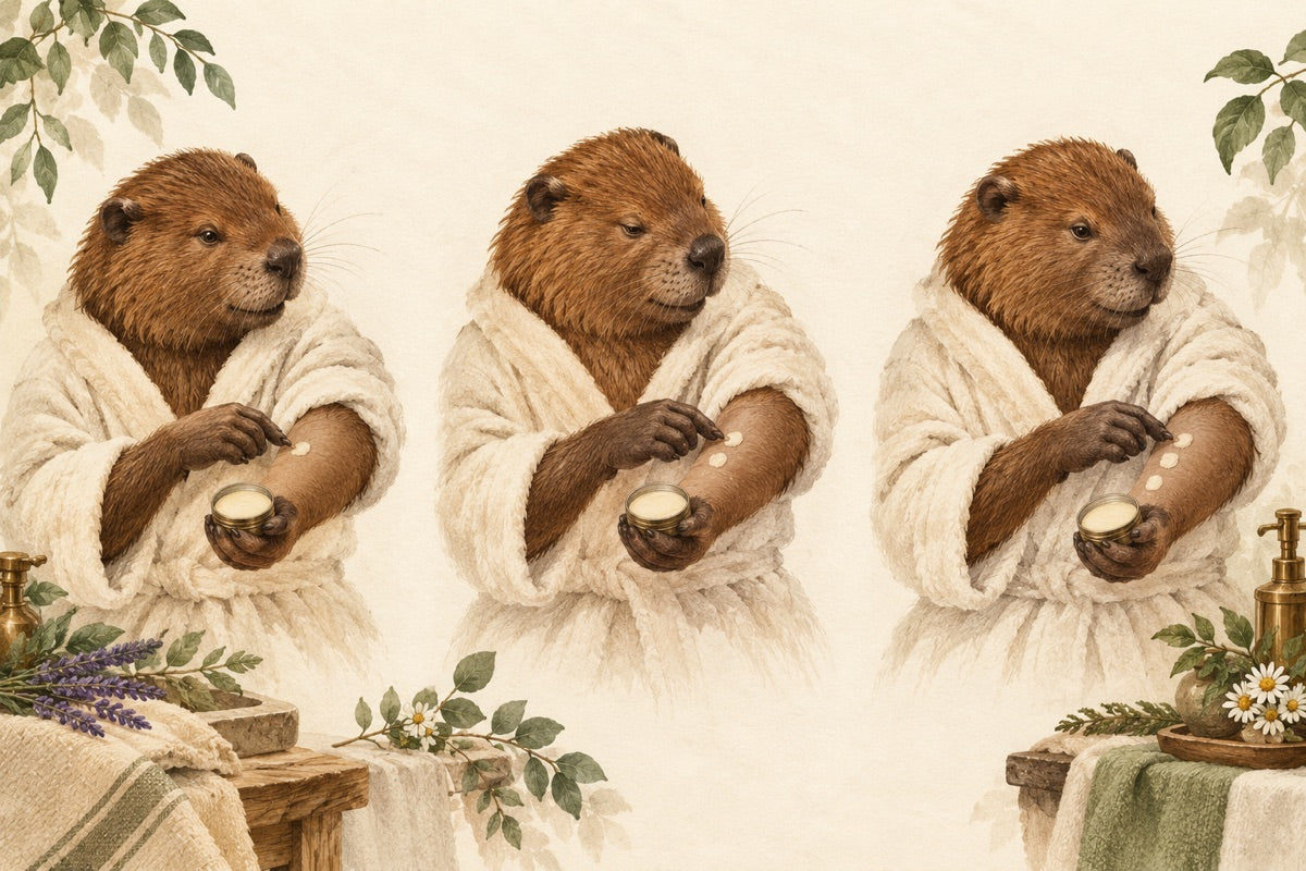 Trzy ilustracje bobra w szlafroku z małą płytką puszką perfum i jednym, dwoma lub trzema punktami na przedramieniu.